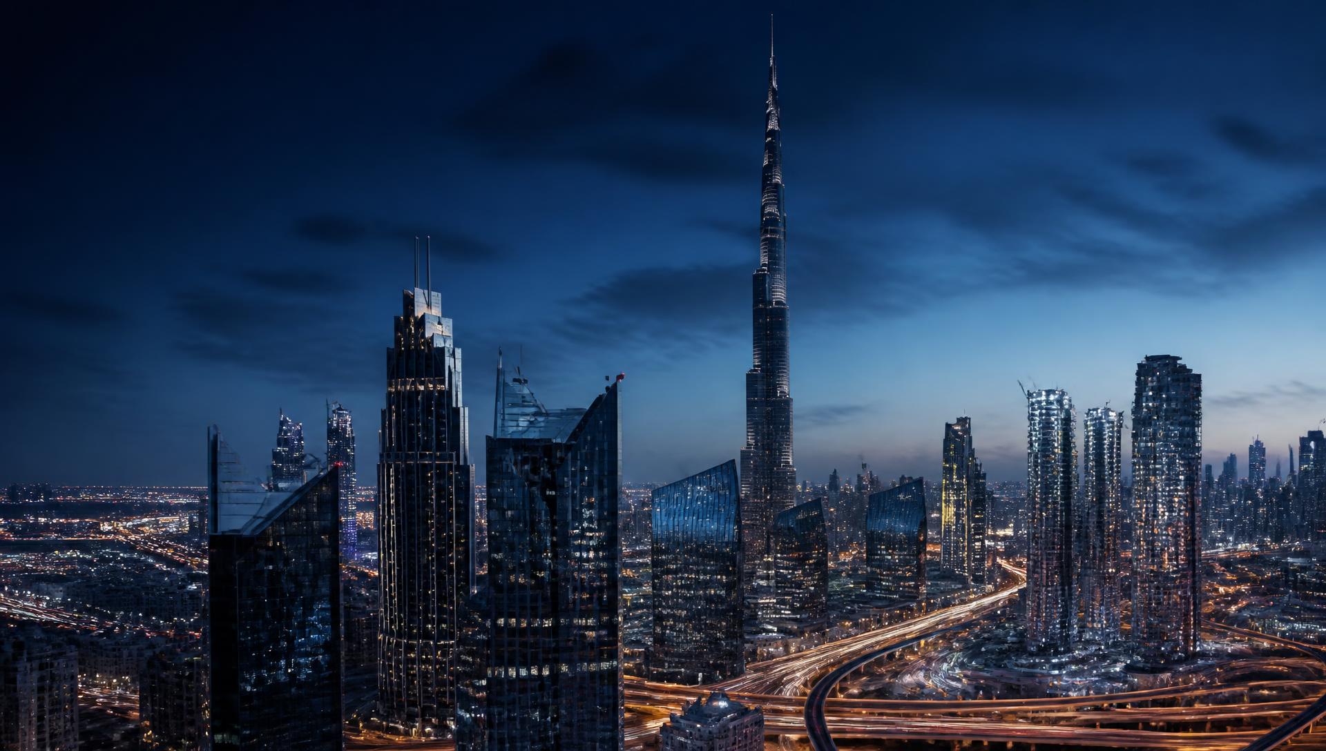Dubai commercial district skyline at dusk